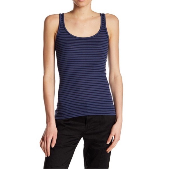 Vince Striped Scoop Neck Ribbed Tank Top in Navy & Black - Picture 1 of 5